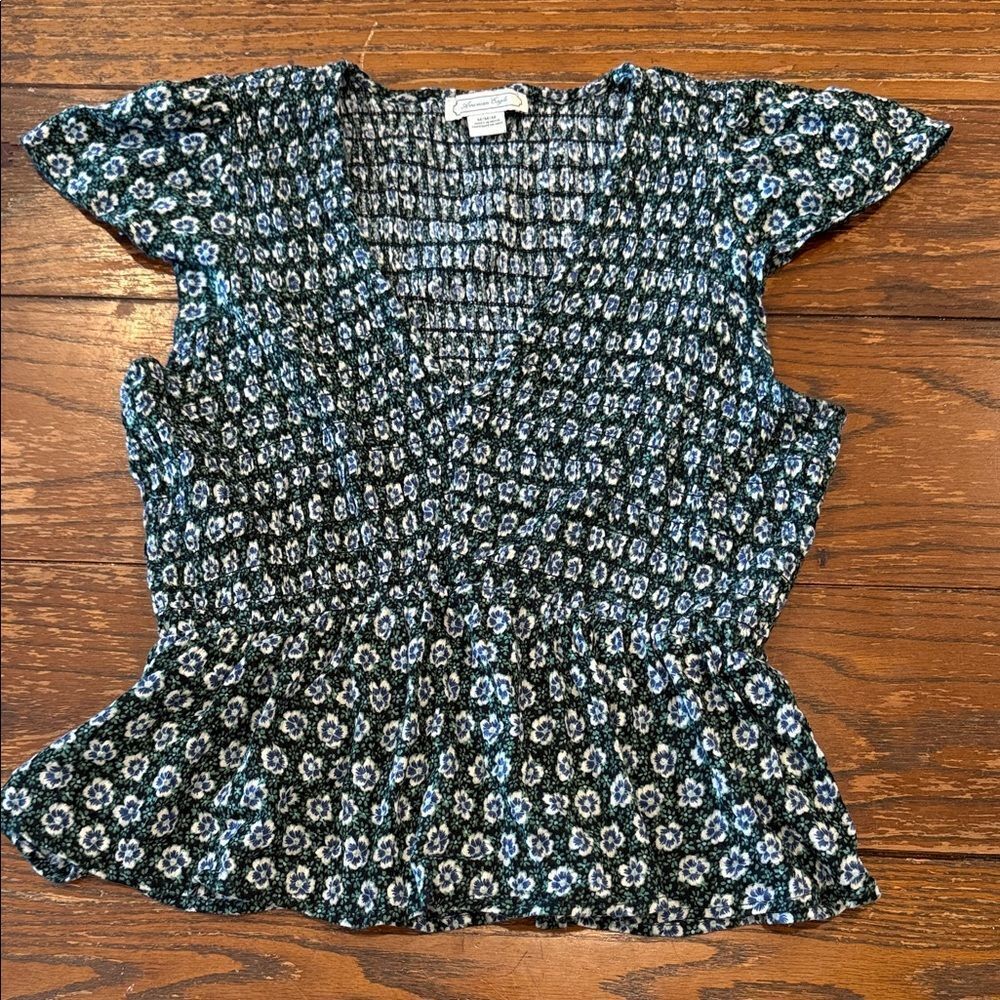 American Eagle Smocked Peplum Floral Top Green Blue Size M